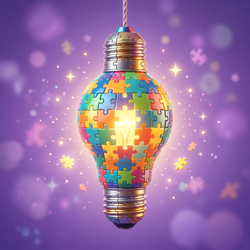 A whimsical lightbulb made of puzzle pieces representing brain teasers