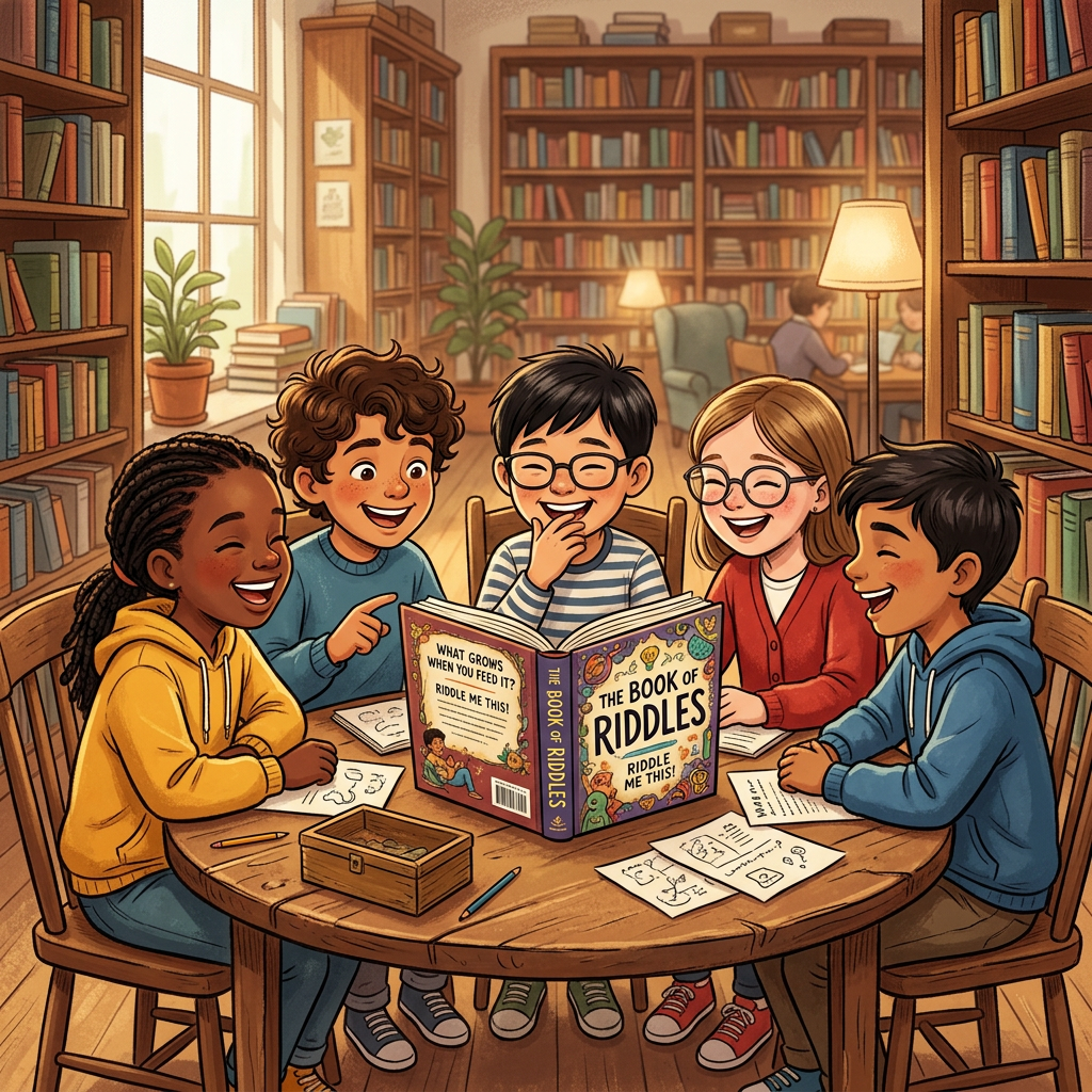 A group of happy children thinking and solving riddles together